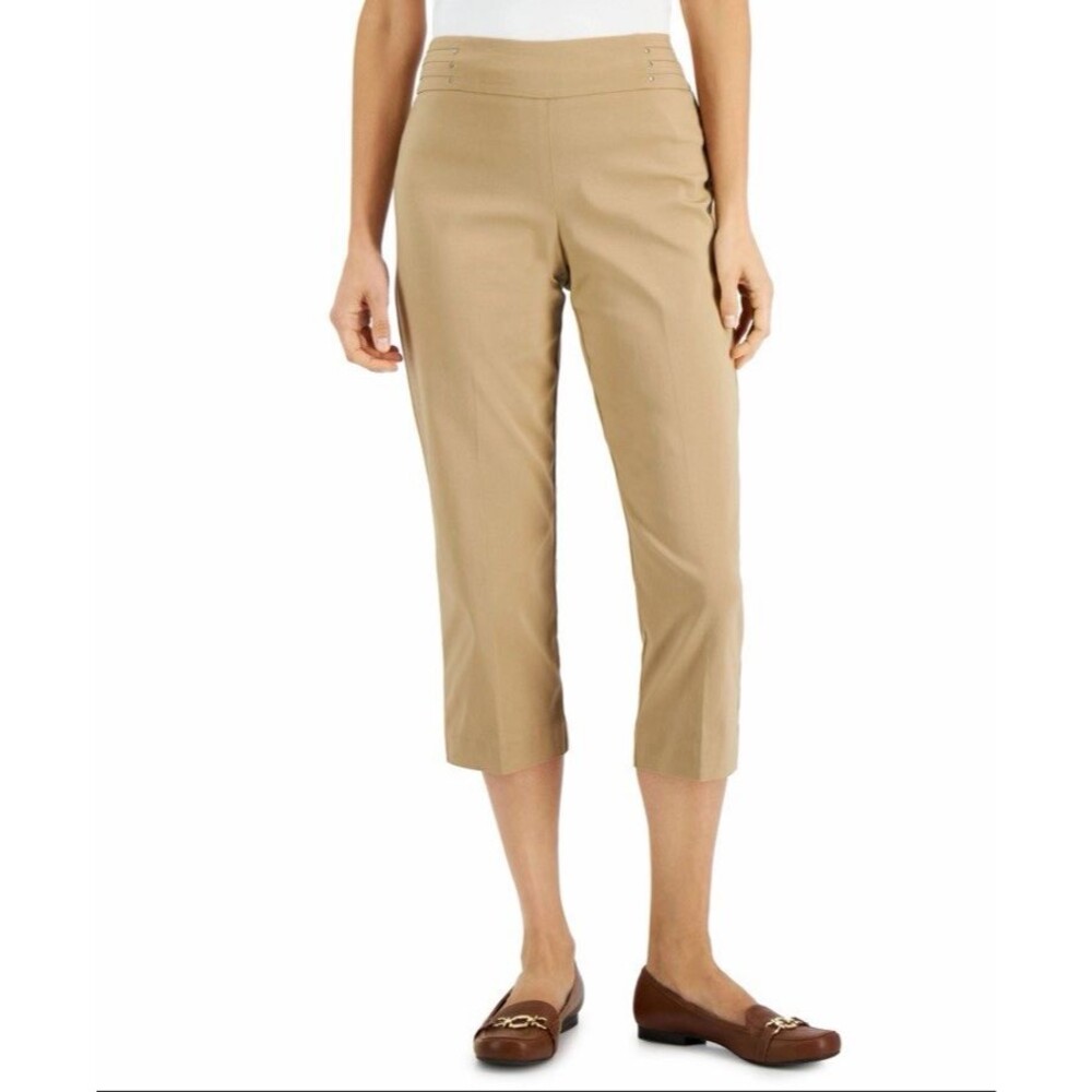 JM Collection‎ Women's XL Rivet Detail Cropped Capri Pants Tan Tummy Control
